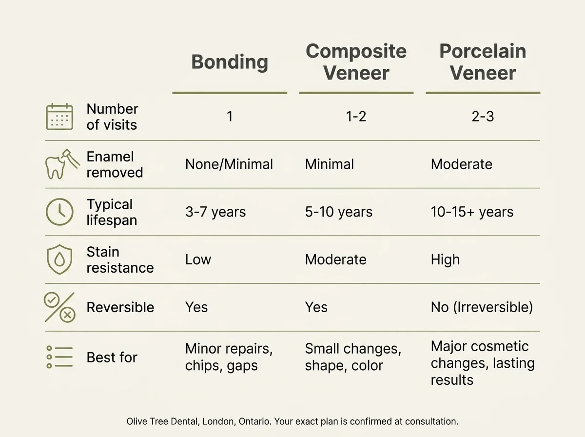 Comparison chart showing dental bonding, composite veneers and porcelain veneers by visits, lifespan, staining and reversibility