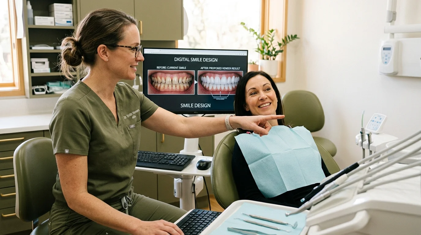 Digital smile design preview on a monitor showing a patient's planned veneer result at Olive Tree Dental in London, Ontario