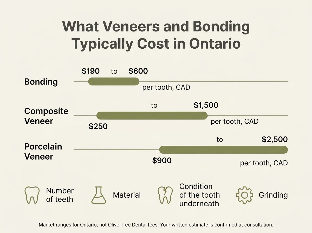 Infographic showing typical Ontario cost ranges for dental bonding, composite veneers and porcelain veneers per tooth